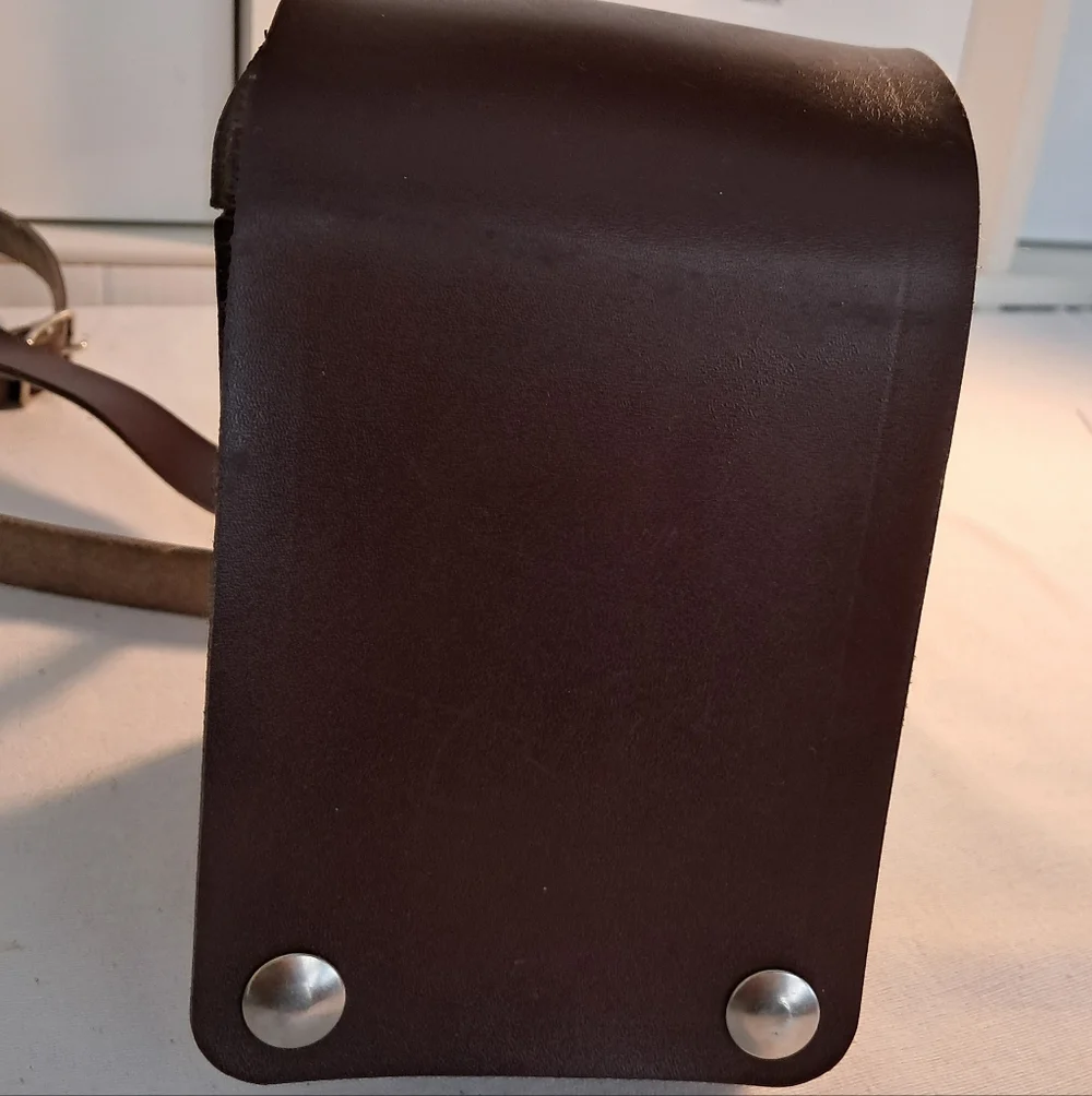 Vintage Leather Camera Case, long strap, brown, buckle straps inside, 4